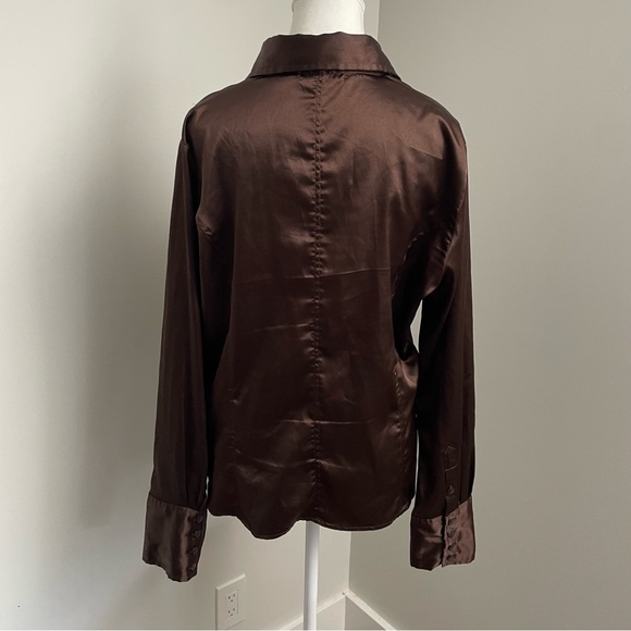 Vintage Y2K Brown Satin Button Down Long Sleeve Top Size Large Old Money - Picture 5 of 8